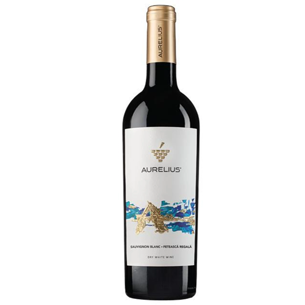 Butelka mołdawskiego białego wina wytrawnego Aurelius Sauvignon & Feteasca Regala IGP Codru 12,5% ze szczepów Sauvignon Blanc i Fetească Regală.