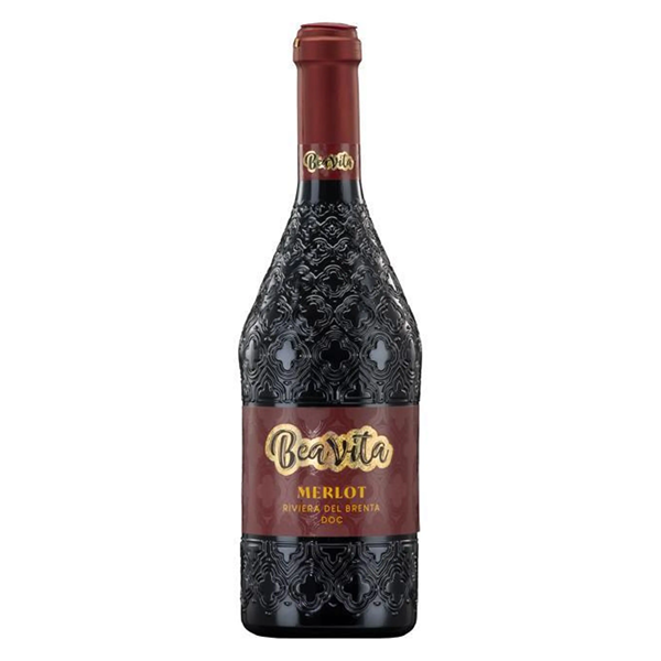 Butelka włoskiego czerwonego wina wytrawnego Beavita Merlot Del Brenta DOC 13,5% 750 ml ze szczepu Merlot.