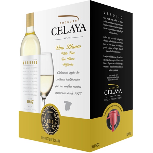 Opakowanie Bodegas Celaya Verdejo BIB 5L – hiszpańskiego białego wytrawnego wina ze szczepu Verdejo w praktycznym formacie Bag in Box.