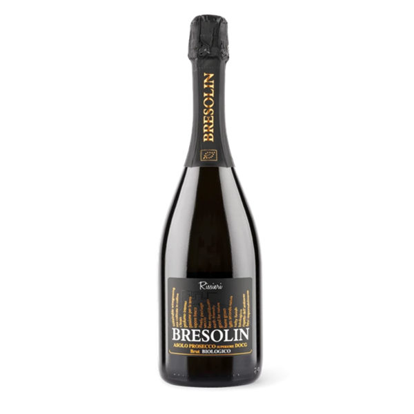 Butelka Bresolin Rissieri Asolo Prosecco Superiore DOCG Brut BIO 11,5% ze szczepu Glera.