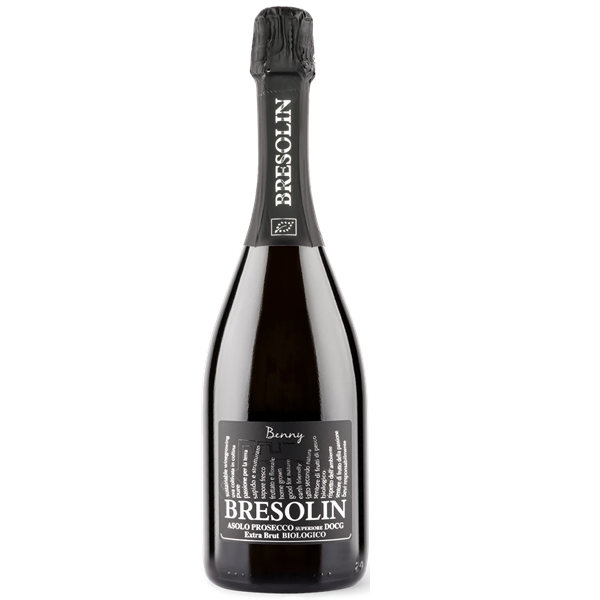 Butelka Bresolin Benny Asolo Prosecco Superiore DOCG Extra Brut BIO 11,5% ze szczepu Glera.