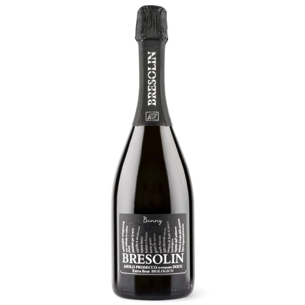 Butelka Bresolin Asolo Prosecco Superiore DOCG Extra Dry BIO 11,5% ze szczepu Glera z regionu Veneto.