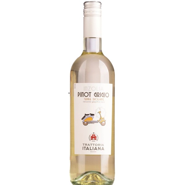 Butelka włoskiego białego wina Campiano Inzolia Pinot Grigio IGT Terre Siciliane ze szczepów Inzolia i Pinot Grigio, pochodzącego z Sycylii.