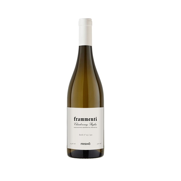 Butelka włoskiego białego wina Chardonnay Puglia IGP Frammenti 750 ml, pochodzącego z regionu Apulia we Włoszech.