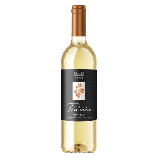 Butelka Coiano Le Frasche Bianco Toscana IGT 13% – białego wytrawnego wina z Trebbiano i Malvasia z Toskanii.