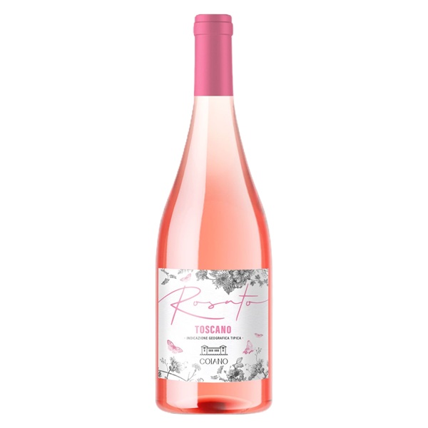 Butelka Coiano Rosato Toscana IGT 12,5% – różowego wytrawnego wina ze szczepu Sangiovese 100% z Toskanii.
