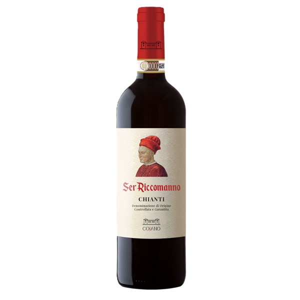 Butelka Coiano Ser Riccomanno Chianti DOCG 13% – czerwonego wytrawnego wina z Sangiovese, Merlot i Cabernet z Toskanii.