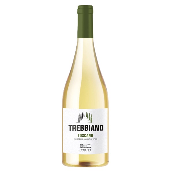 Butelka Coiano Trebbiano Toscana IGT 12,5% – białego wytrawnego wina ze szczepu Trebbiano 100% z Toskanii.