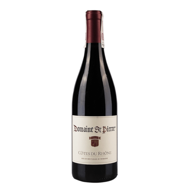 Butelka francuskiego czerwonego wina Domaine Saint-Pierre Côtes du Rhône 2024 z apelacji Côtes du Rhône AOC w Dolinie Rodanu.