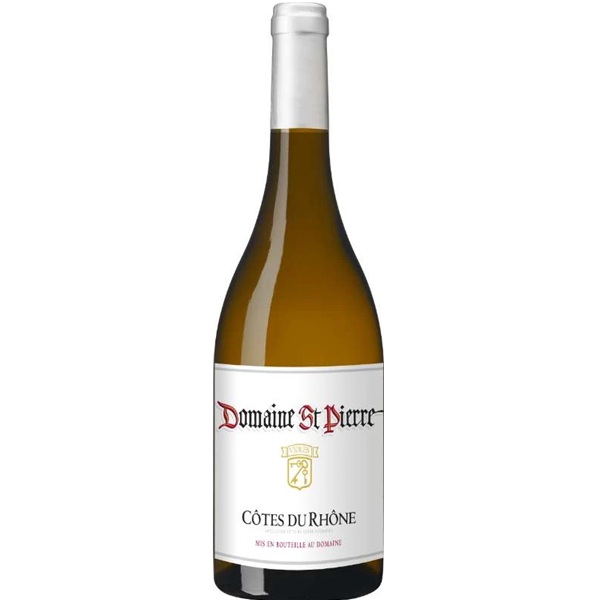 Butelka francuskiego białego wina Domaine Saint-Pierre Côtes du Rhône Blanc 2025 z Doliny Rodanu, o zawartości alkoholu 14%.