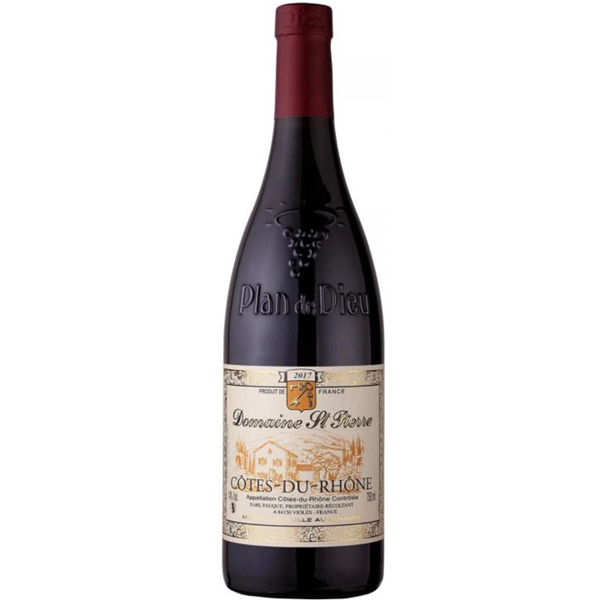 Butelka francuskiego czerwonego wina Domaine Saint-Pierre Côtes du Rhône Réserve 2020 z Doliny Rodanu, stworzonego z Grenache, Syrah i Carignan.