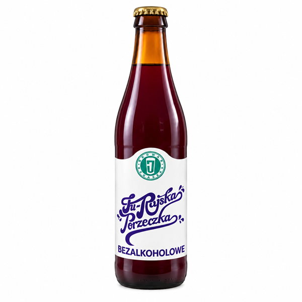 Butelka piwa Jurajska Porzeczka Bezalkoholowe 500 ml z Browaru na Jurze, polskie piwo owocowe z czarną porzeczką.