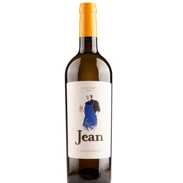 Butelka francuskiego białego wina Maison Loron Jean Chardonnay Vin de France 13%, wyprodukowanego w 100% ze szczepu Chardonnay.