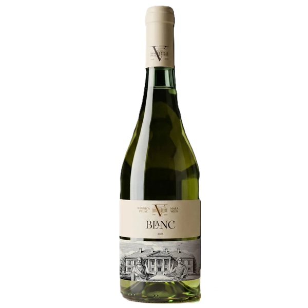 Butelka Mała Wieś Blanc 2025 11,5% – polskiego białego wina wytrawnego z Johannitera i Souvignier Gris, częściowo dojrzewającego w beczkach barrique.