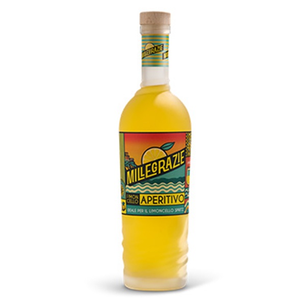 Butelka włoskiego likieru cytrynowego Millegrazie Limoncello Francoli o zawartości alkoholu 16% i pojemności 700 ml.