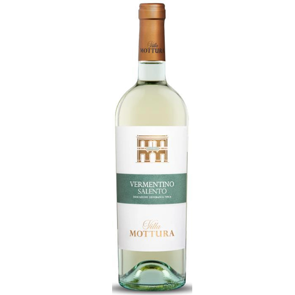 Butelka włoskiego białego wina wytrawnego Mottura Vermentino Salento IGT 12,5% ze szczepu Vermentino, pochodzącego z Salento w Apulii.