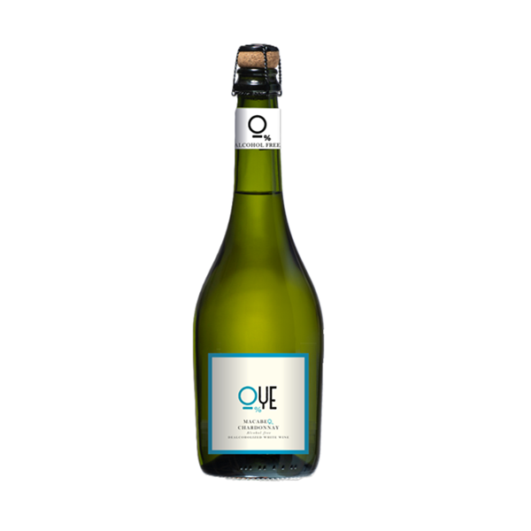 Butelka hiszpańskiego bezalkoholowego białego wina musującego OYE Macabeo Chardonnay 0,0% 750 ml od Bodegas Latúe.