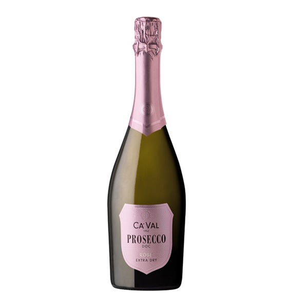 Butelka włoskiego Prosecco DOC Rosé Extra Dry Millesimato 0,75 l z winogron Glera i Pinot Nero.