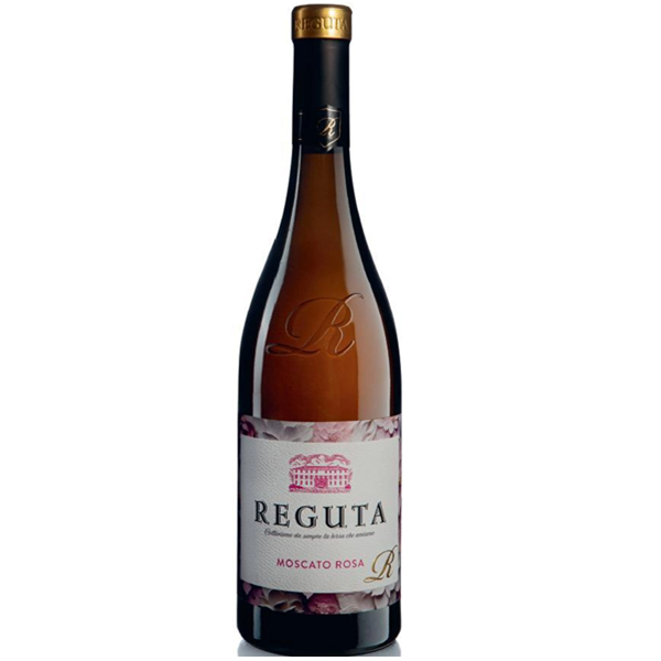 Butelka włoskiego różowego wina półsłodkiego Reguta Moscato Rosa IGP Trevenezie 12%, produkowanego ze szczepu Moscato Rosa