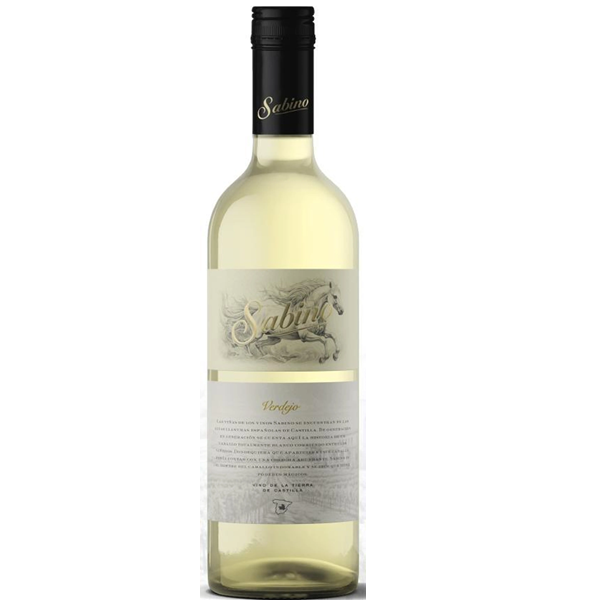 Butelka hiszpańskiego białego wina wytrawnego Sabino Caballo Verdejo 12,5% 750 ml, produkowanego ze szczepu Verdejo.