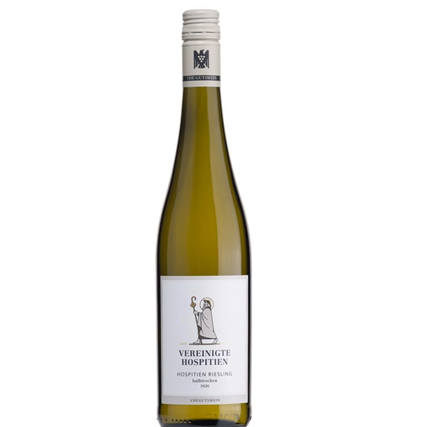 Butelka niemieckiego białego wina półwytrawnego V. Hospitien QW Mosel Riesling Halb 11,5% ze szczepu Riesling, pochodzącego z regionu Mozela.