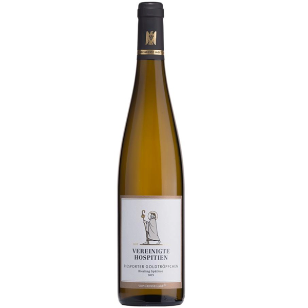 Butelka niemieckiego białego wina V. Hospitien QW Mosel Riesling Spatlese 7,5% ze szczepu Riesling, pochodzącego z regionu Mosel.