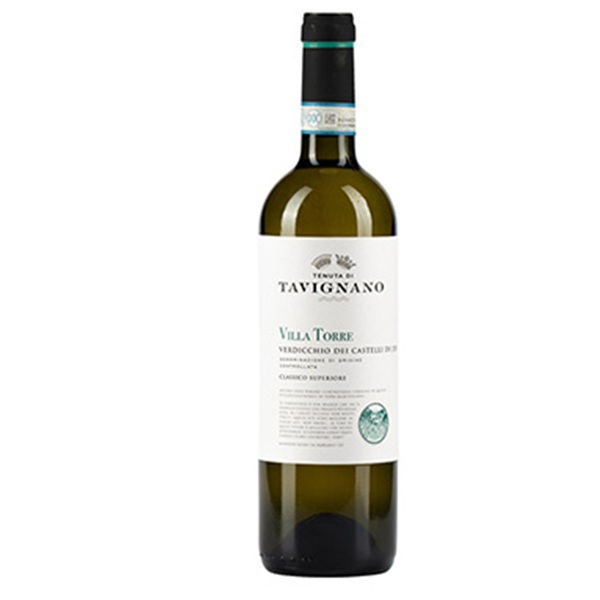 Butelka włoskiego białego wina Verdicchio dei Castelli di Jesi DOC Classico Superiore Villa Torre z regionu Marche.